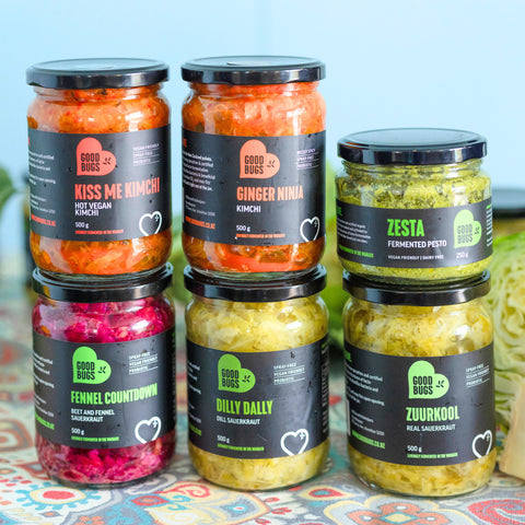 6 jars of Goodbugs Fermented Sauerkraut and Kimchi