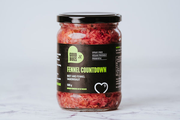 A jar of GoodBugs sauerkraut with the label 'Fennel Countdown' and the brand's logo, indicating that it is 500g of sauerkraut with beetroot and fennel.