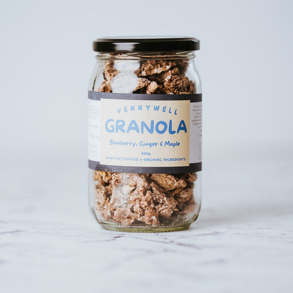 GoodBugs Blueberry Granola jar with activated oats, dried blueberries, ginger, and maple syrup.